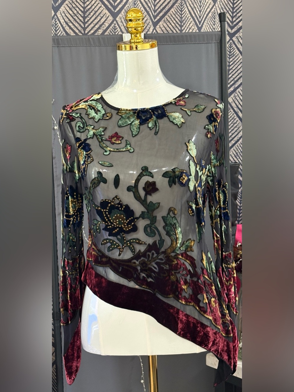 💎RARE Vintage Coldwater Creek Silk Velvet Burnout Devoré Beaded Mesh Top H02199